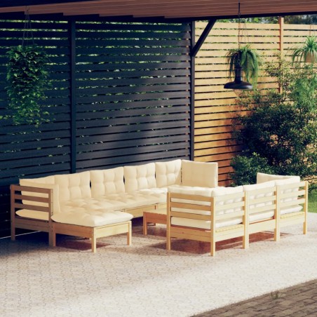 vidaXL Muebles de jardín 11 pzas y cojines madera maciza de pino crema
