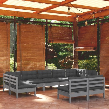 vidaXL Muebles de jardín 9 pzas y cojines gris madera maciza de pino