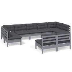 vidaXL Muebles de jardín 9 pzas y cojines gris madera maciza de pino