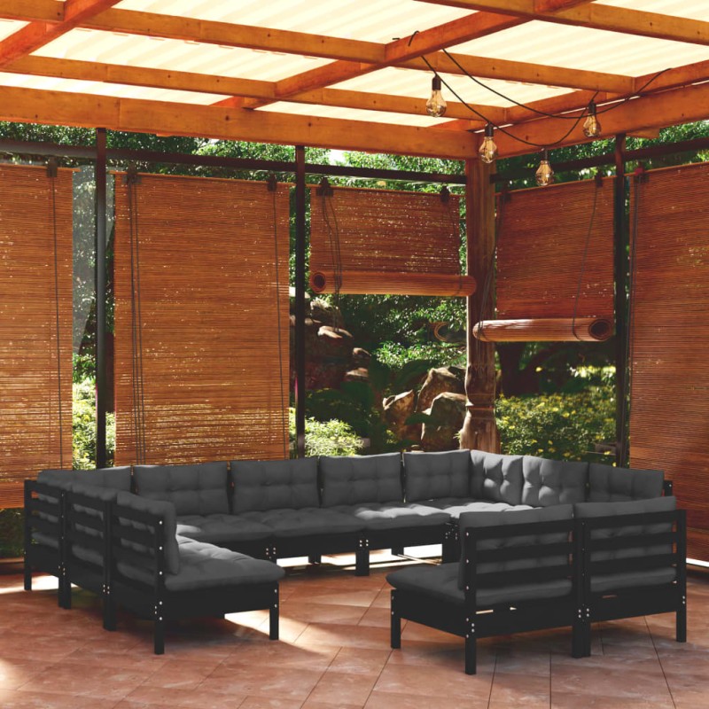 vidaXL Muebles de jardín 11 pzas y cojines negro madera maciza de pino