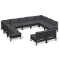 vidaXL Muebles de jardín 11 pzas y cojines negro madera maciza de pino