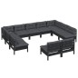 vidaXL Muebles de jardín 11 pzas y cojines negro madera maciza de pino