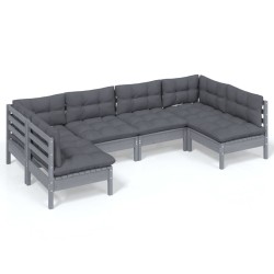 vidaXL Muebles de jardín 6 pzas y cojines madera maciza de pino gris