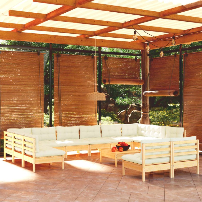 vidaXL Muebles de jardín 13 pzas y cojines madera maciza de pino crema vidaXL Muebles de jardín 13 pzas y cojines madera maciza de pino crema