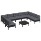 vidaXL Muebles de jardín 10 pzas y cojines negro madera maciza de pino