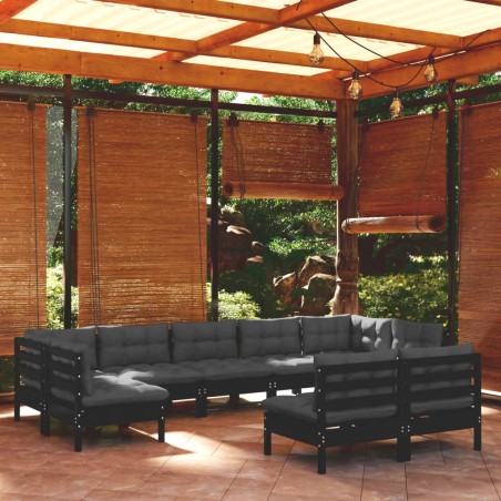 vidaXL Muebles de jardín 9 pzas y cojines negro madera maciza de pino