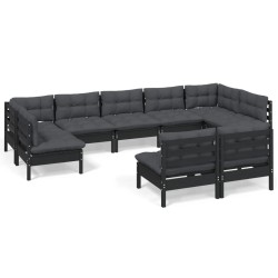 vidaXL Muebles de jardín 9 pzas y cojines negro madera maciza de pino