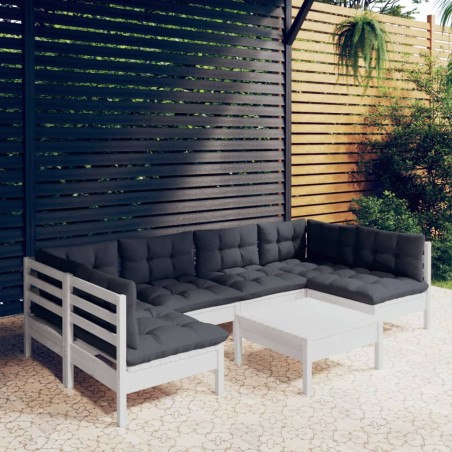 vidaXL Muebles de jardín 7 pzas y cojines blanco madera maciza de pino