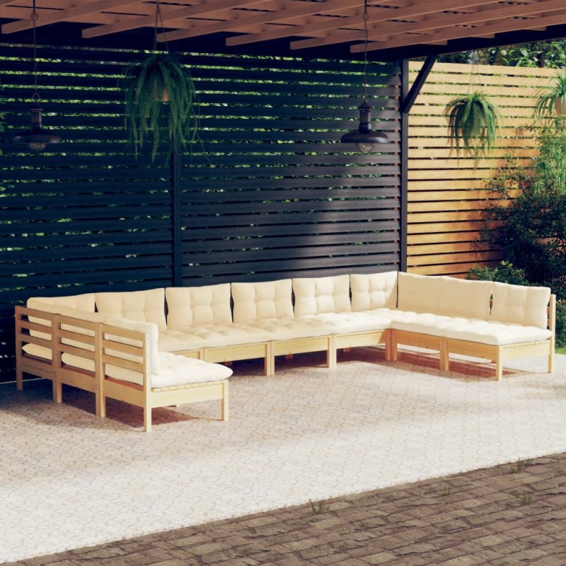 vidaXL Muebles de jardín 10 pzas y cojines madera maciza de pino crema vidaXL Muebles de jardín 10 pzas y cojines madera maciza de pino crema