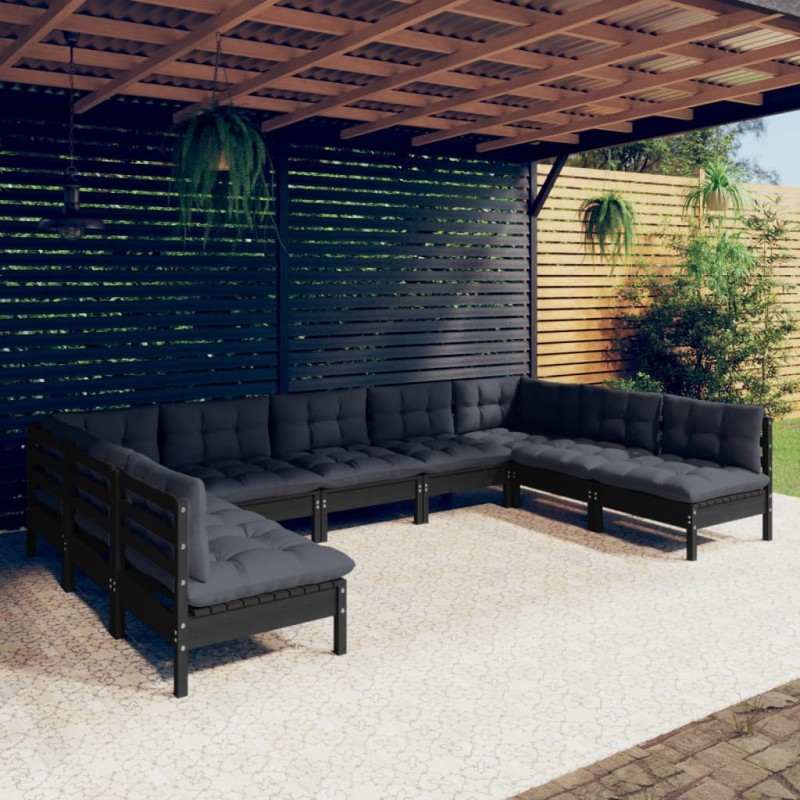 vidaXL Muebles de jardín 9 pzas y cojines negro madera maciza de pino vidaXL Muebles de jardín 9 pzas y cojines negro madera maciza de pino