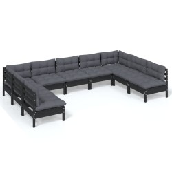 vidaXL Muebles de jardín 9 pzas y cojines negro madera maciza de pino