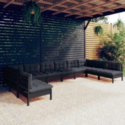 vidaXL Muebles de jardín 10 pzas y cojines negro madera maciza de pino