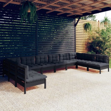vidaXL Muebles de jardín 10 pzas y cojines negro madera maciza de pino