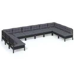 vidaXL Muebles de jardín 10 pzas y cojines negro madera maciza de pino