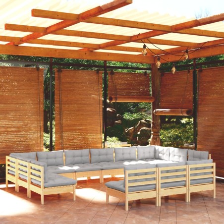 vidaXL Muebles de jardín 13 pzas y cojines madera maciza de pino gris