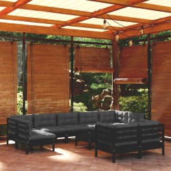 vidaXL Muebles de jardín 10 pzas con cojines negro madera maciza pino