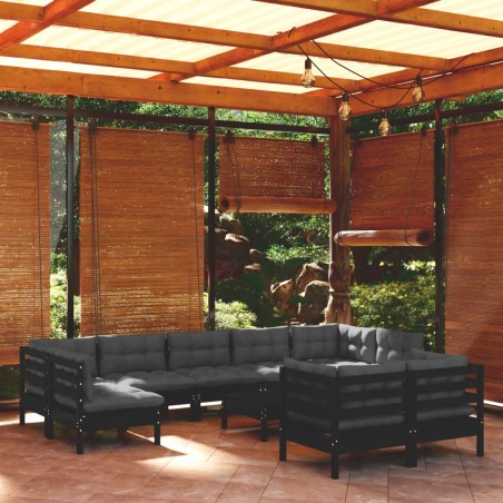 vidaXL Muebles de jardín 10 pzas con cojines negro madera maciza pino