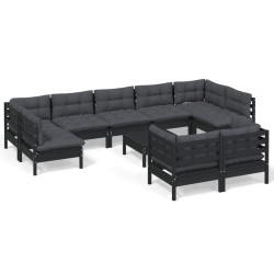 vidaXL Muebles de jardín 10 pzas con cojines negro madera maciza pino