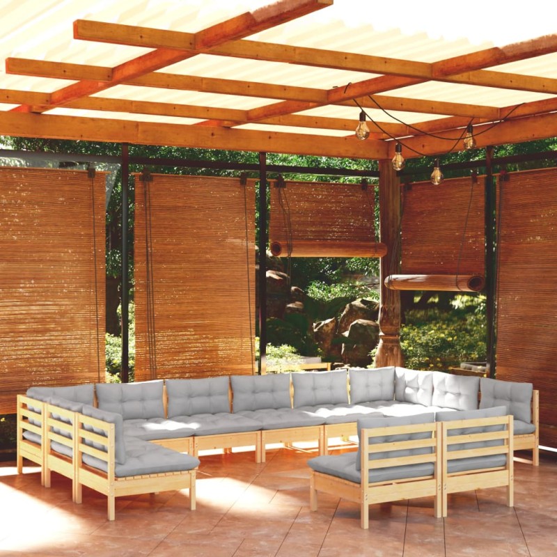 vidaXL Muebles de jardín 12 pzas y cojines madera maciza de pino gris vidaXL Muebles de jardín 12 pzas y cojines madera maciza de pino gris