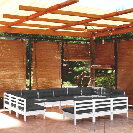 vidaXL Muebles de jardín 13 pzas y cojines blanco madera maciza pino