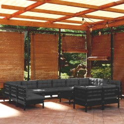 vidaXL Muebles de jardín 13 pzas con cojines negro madera de pino