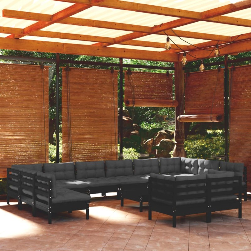 vidaXL Muebles de jardín 13 pzas con cojines negro madera de pino