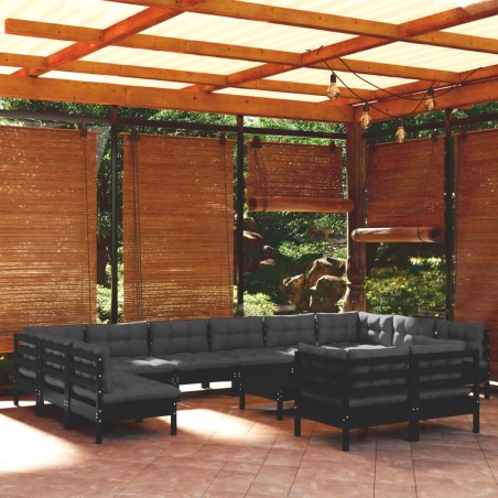 vidaXL Muebles de jardín 13 pzas con cojines negro madera de pino
