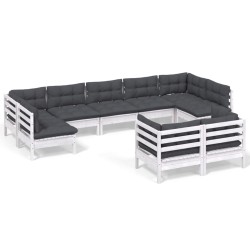 vidaXL Muebles de jardín 9 pzas y cojines blanco madera maciza de pino
