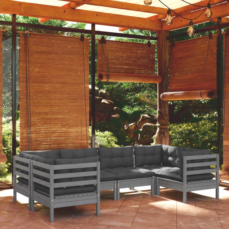 vidaXL Juego de muebles de jardín 6 pzas y cojines madera pino gris vidaXL Juego de muebles de jardín 6 pzas y cojines madera pino gris