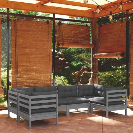 vidaXL Juego de muebles de jardín 6 pzas y cojines madera pino gris
