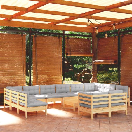 vidaXL Juego de muebles de jardín 13 pzas y cojines madera pino gris
