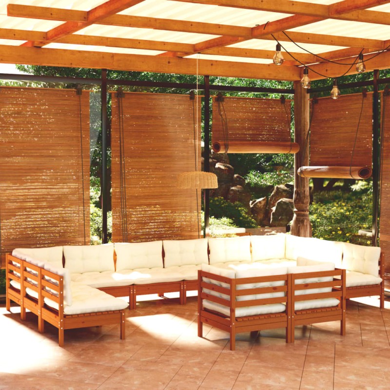vidaXL Muebles de jardín 12 pzas y cojines madera de pino marrón miel vidaXL Muebles de jardín 12 pzas y cojines madera de pino marrón miel