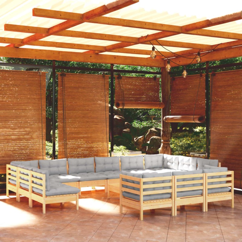 vidaXL Muebles de jardín 14 pzas y cojines madera de pino gris