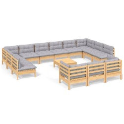 vidaXL Muebles de jardín 14 pzas y cojines madera de pino gris