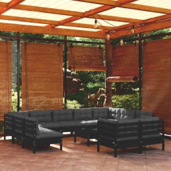 vidaXL Muebles de jardín 12 pzas con cojines negro madera maciza pino