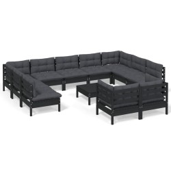 vidaXL Muebles de jardín 12 pzas con cojines negro madera maciza pino