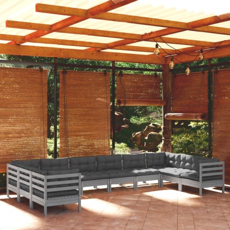 vidaXL Muebles de jardín 10 pzas y cojines madera de pino gris