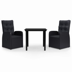 vidaXL Juego de comedor de jardín 3 piezas con cojines negro