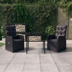 vidaXL Juego de comedor de jardín 3 piezas con cojines negro