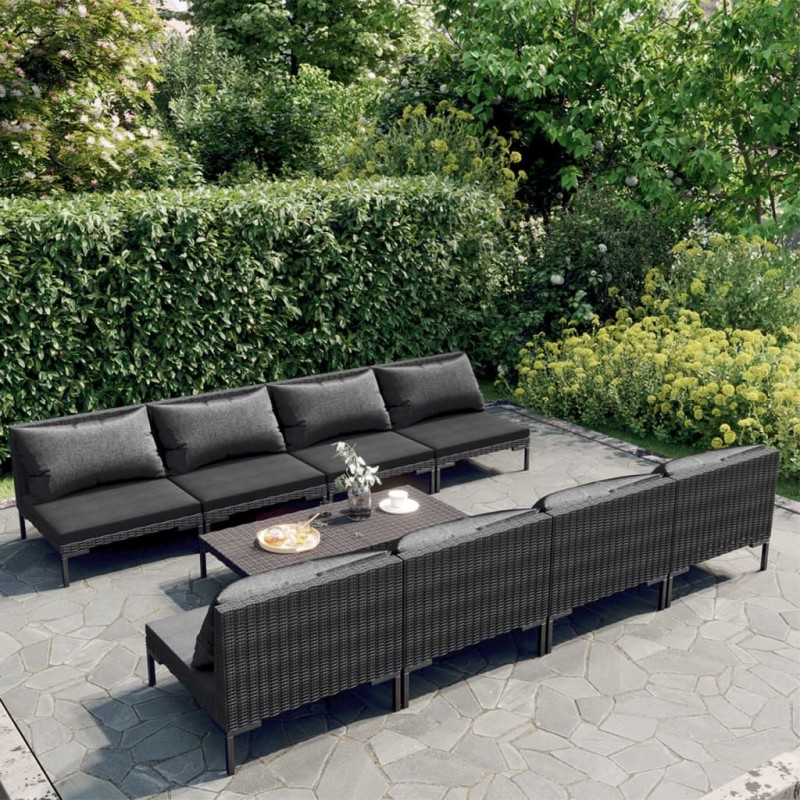 vidaXL Sofás de jardín 9 pzas y cojines ratán sintético gris oscuro