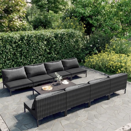 vidaXL Sofás de jardín 9 pzas y cojines ratán sintético gris oscuro