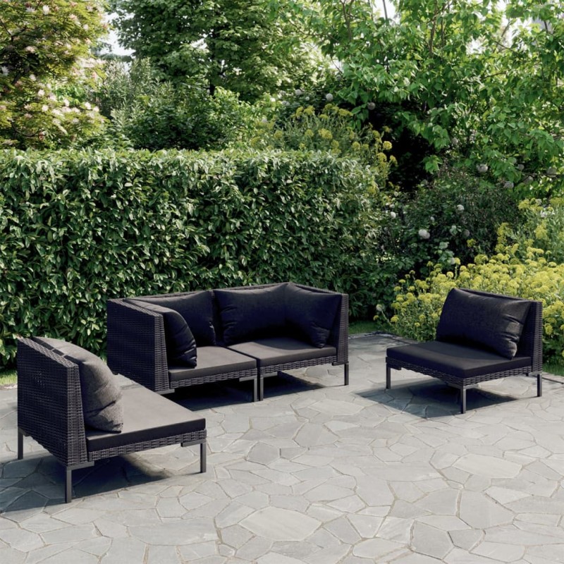 vidaXL Sofás de jardín 4 piezas y cojines ratán sintético gris oscuro vidaXL Sofás de jardín 4 piezas y cojines ratán sintético gris oscuro
