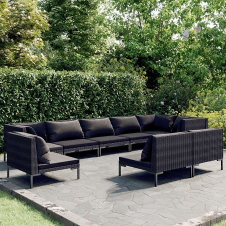 vidaXL Sofás de jardín 9 pzas y cojines ratán sintético gris oscuro