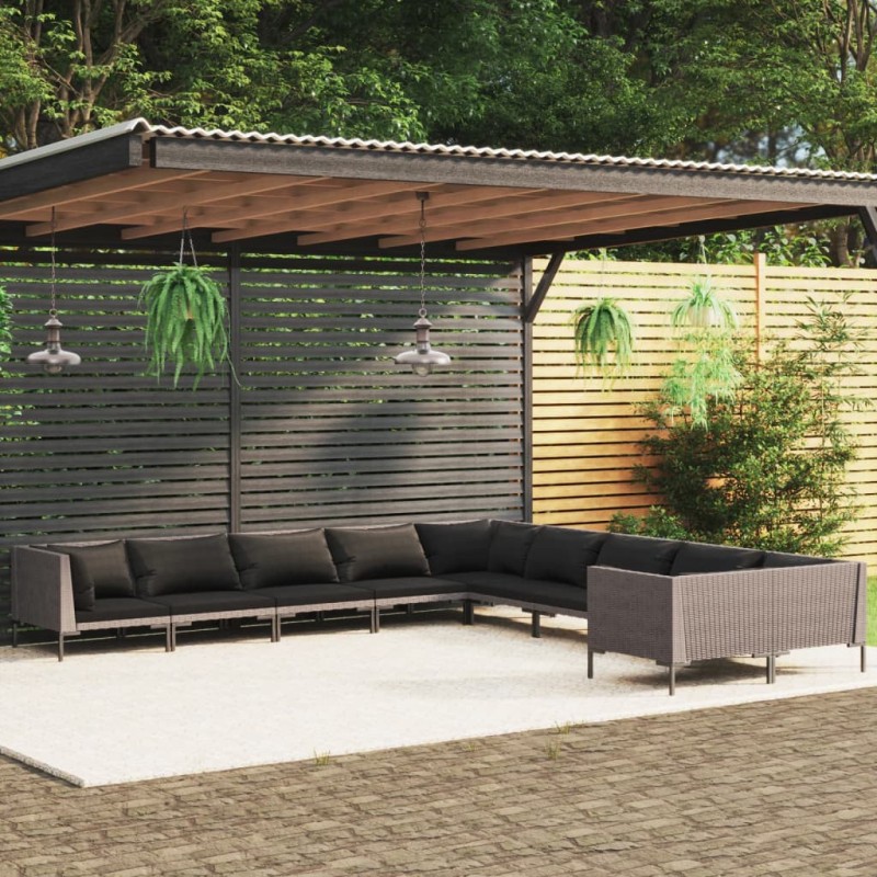 vidaXL Muebles de jardín 10 pzas y cojines ratán sintético gris oscuro vidaXL Muebles de jardín 10 pzas y cojines ratán sintético gris oscuro