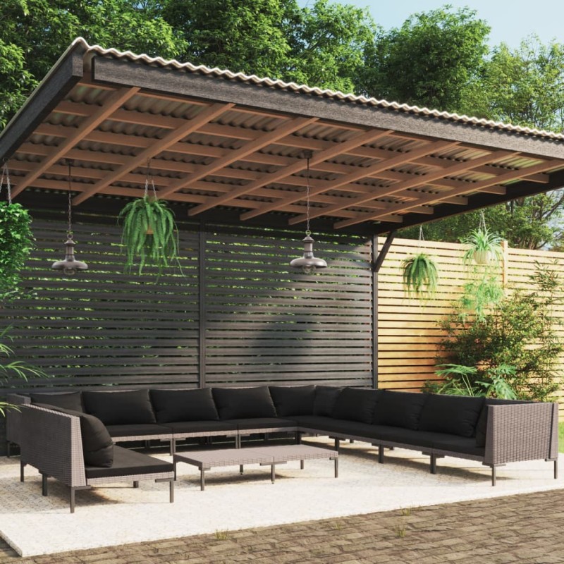 vidaXL Sofás de jardín 12 pzas cojines ratán sintético gris oscuro vidaXL Sofás de jardín 12 pzas cojines ratán sintético gris oscuro