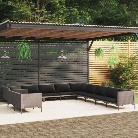 vidaXL Sofás de jardín 11 pzas y cojines ratán sintético gris oscuro