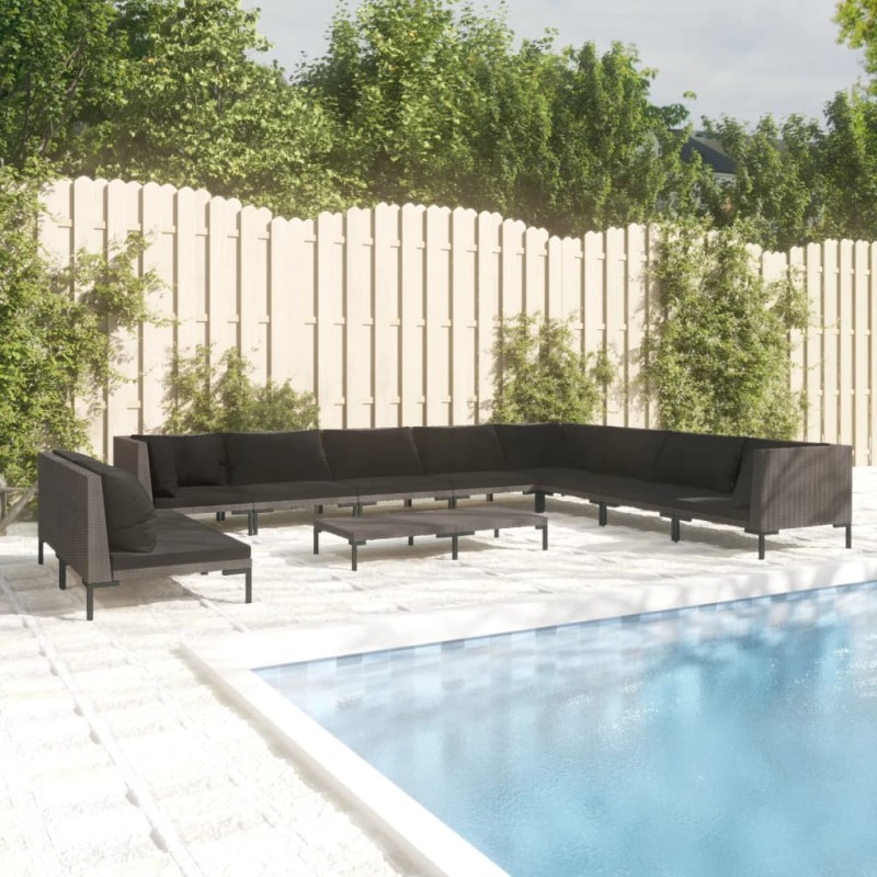 vidaXL Sofás de jardín 11 pzas y cojines ratán sintético gris oscuro vidaXL Sofás de jardín 11 pzas y cojines ratán sintético gris oscuro