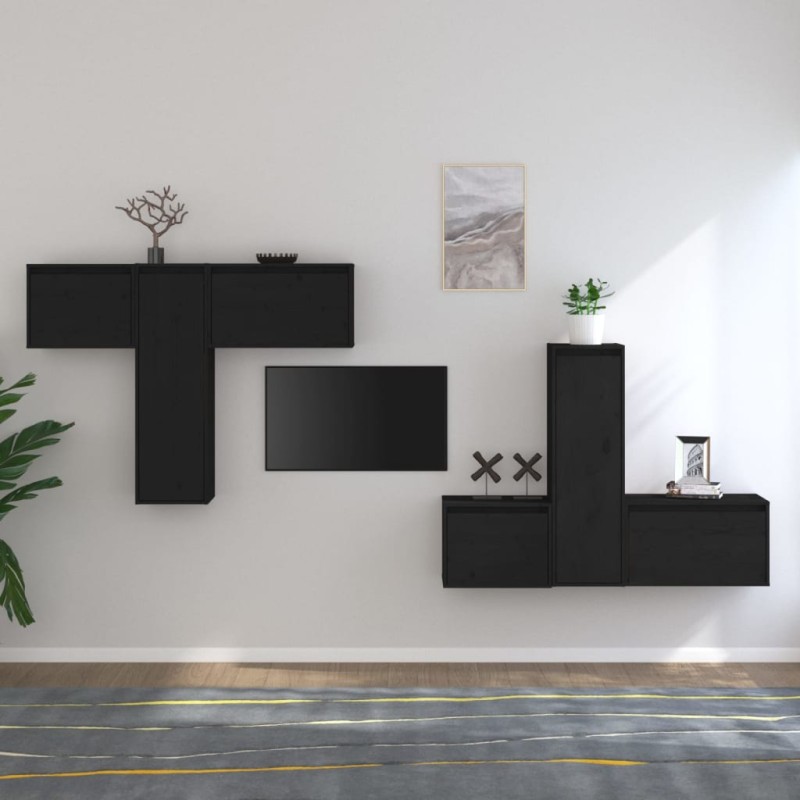 vidaXL Muebles para TV 6 piezas madera maciza de pino negro vidaXL Muebles para TV 6 piezas madera maciza de pino negro