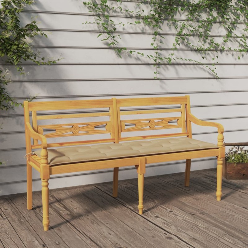 vidaXL Banco Batavia con cojín beige madera maciza de teca 150 cm