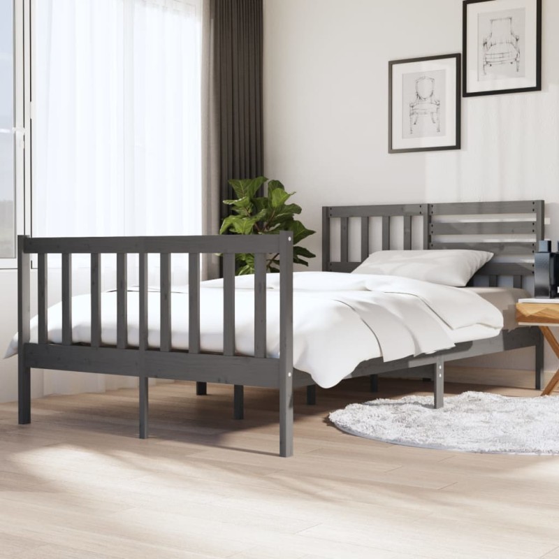 vidaXL Estructura de cama doble de madera maciza gris 135x190 cm